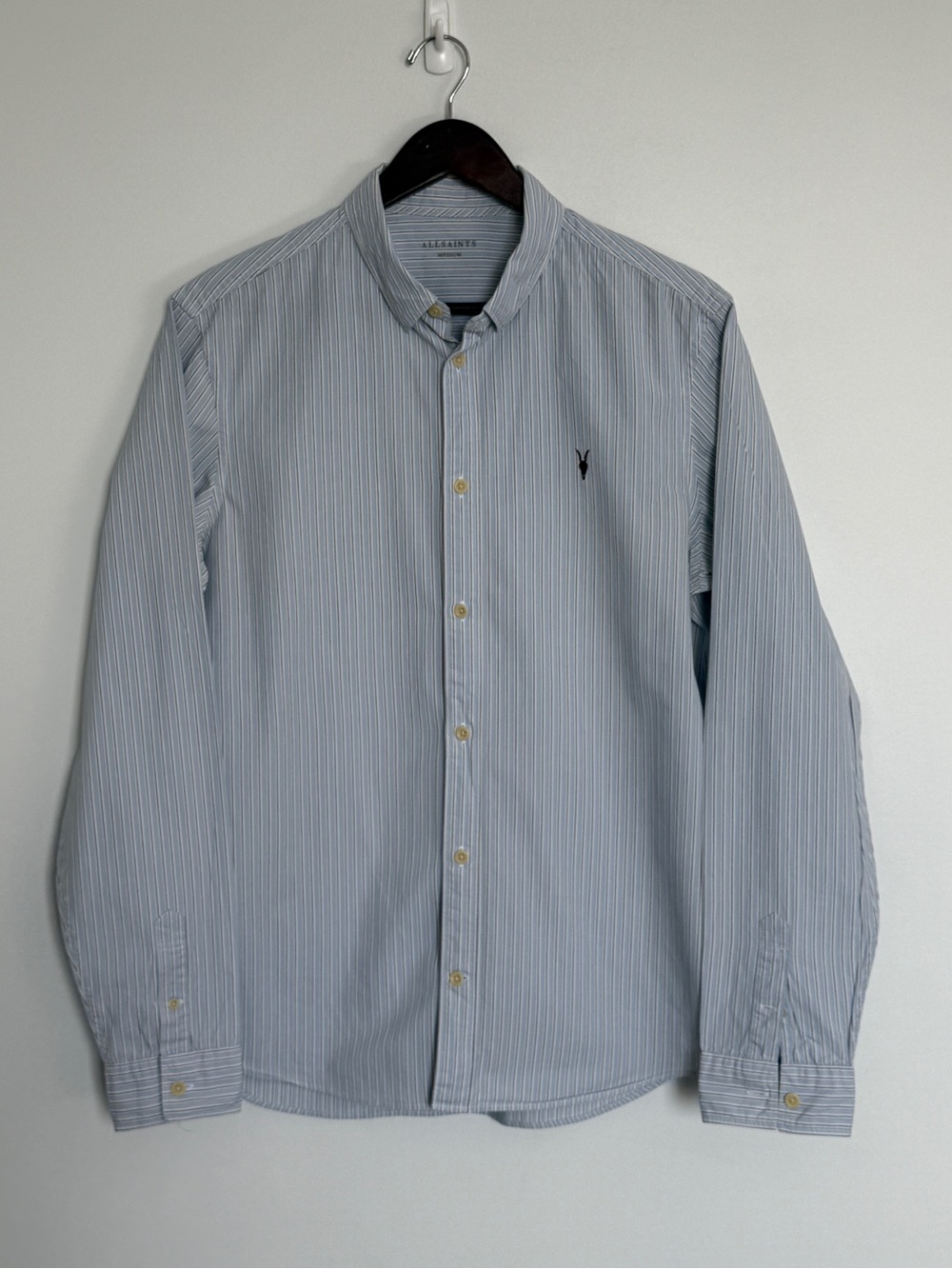 All Saints Men's Light Blue and White Pinstripe Button-Down Shirt